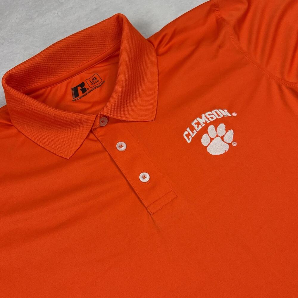Clemson Tigers Russell Athletic Short Sleeve Polo Shirt Men L Orange Football